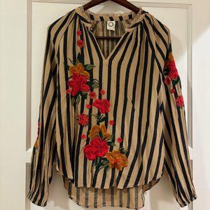Anthropologie Akemi and Kin Tan & Black Striped Blouse with Embroidery
